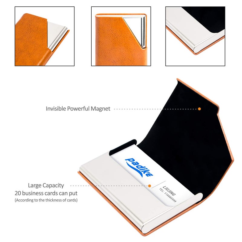 Padike Business Card Holder, Upgraded Leather Business Card Case Pocket Card Holders for Men or Women, Metal Slim Name Card Holder RFID Blocking Business Card Carrier with Magnetic Closure(Z-Orange) - Image 4